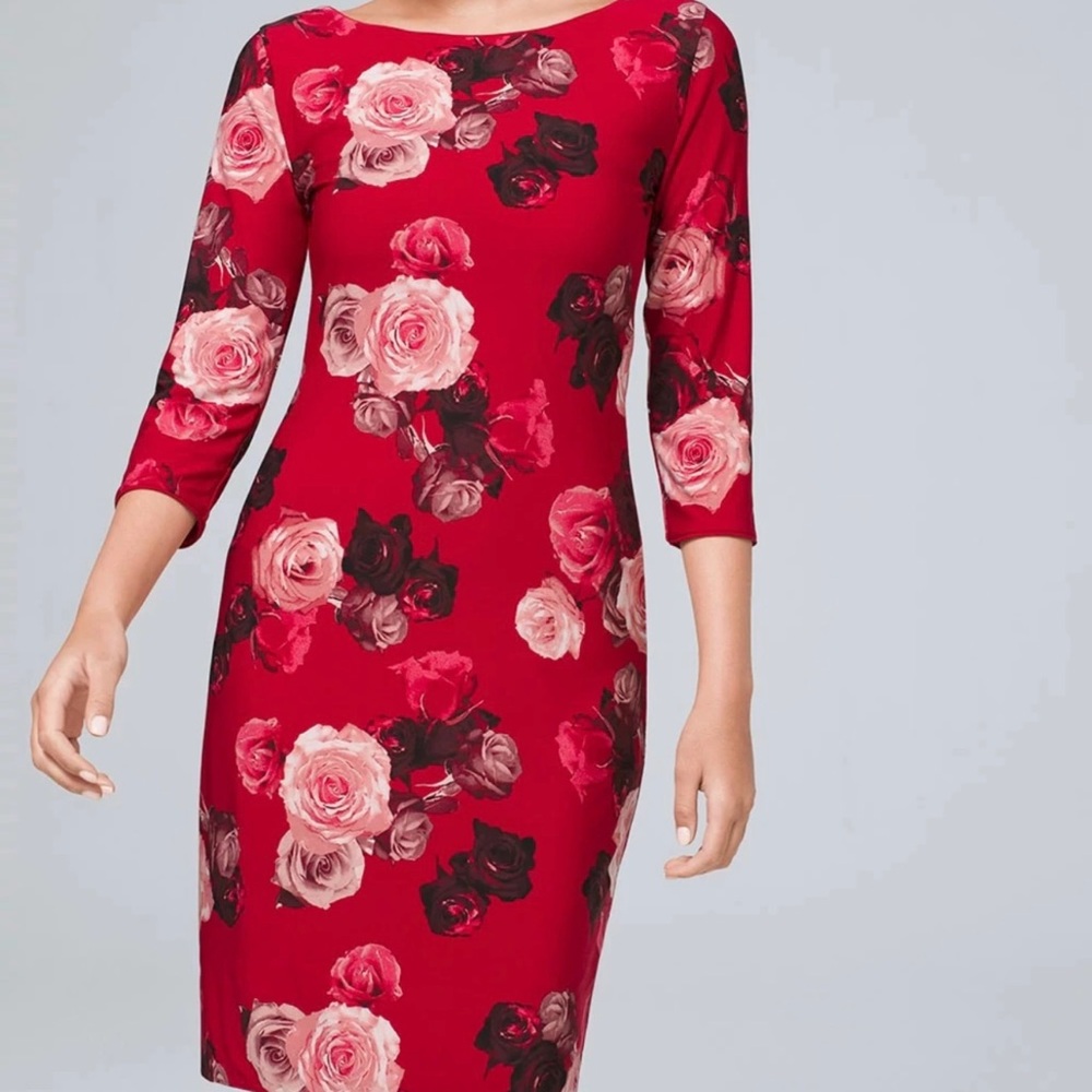 White House Black Market Red Rose Floral Print Reversible Dress Size XS